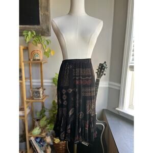 Vintage 90s Black Skirt Neutral Azetc Floral Leaf Ruffle Hem Size Small